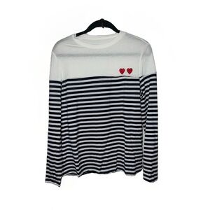 NWOT White and Black Striped Long Sleeve Tee with Red Hearts